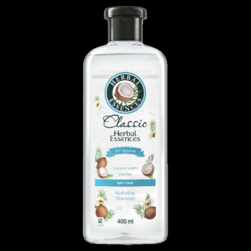 Herbal Essences Classic Coconut Hydrating Shampoo 400ml bottle, infused with coconut, jasmine, and aloe vera for silky, hydrated hair.