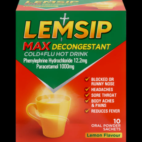 Lemsip Max Lemon Cold & Flu sachets - hot drink mix for quick relief from cold symptoms in a refreshing lemon flavor.