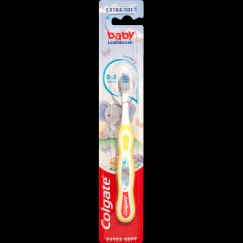 Colgate Kids Extra Soft Toothbrush for 0-2 years, featuring extra soft bristles, small head, and non-slip handle for easy use.