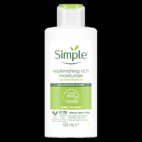 Simple Kind to Skin Replenishing Rich Moisturiser in 125ml, ideal for sensitive skin with Pro-Vitamin B5 for deep hydration.