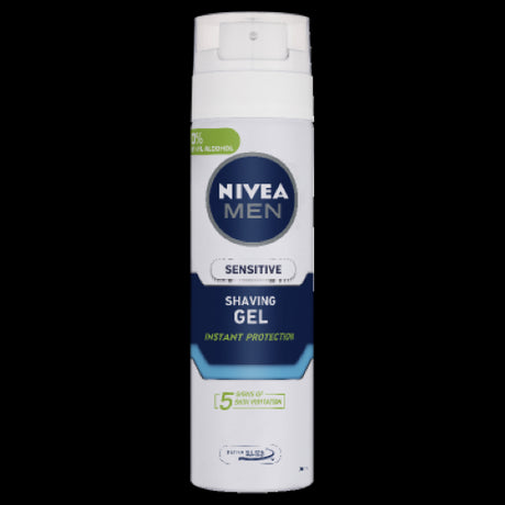 Nivea Men Sensitive Shaving Gel 200ml: calming gel for sensitive skin, infused with Chamomile and Vitamin E for a smooth, irritation-free shave.