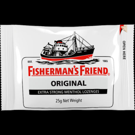 Fisherman's Friend Original Menthol Lozenges in a 25g pack, providing intense menthol relief for coughs and sore throats.