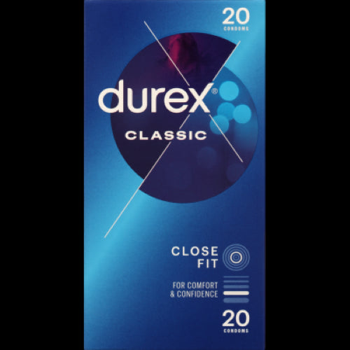 Durex Classic Condoms 20-pack showcase transparent, lubricated latex for maximum comfort and safety, trusted since 1929.