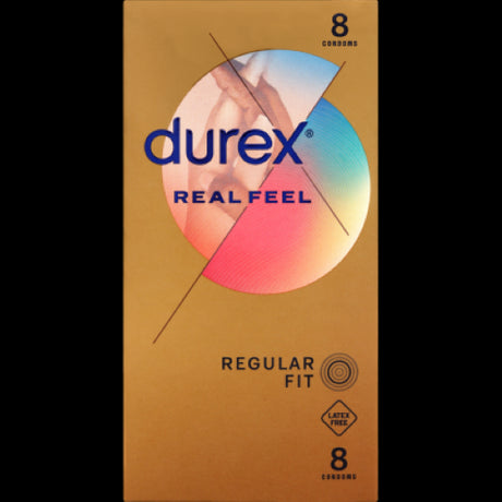 Durex Real Feel Condoms 8pk, featuring non-latex polyisoprene for a natural feel, ideal for enhancing intimacy and pleasure.