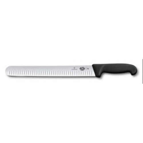 Victorinox slicing knife with a 36cm fluted blade and ergonomic black handle, ideal for clean, precise cuts of meat.
