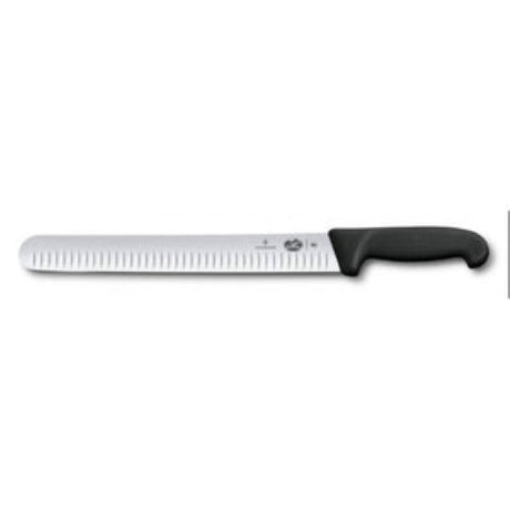 Victorinox slicing knife with a 36cm fluted blade and ergonomic black handle, ideal for clean, precise cuts of meat.