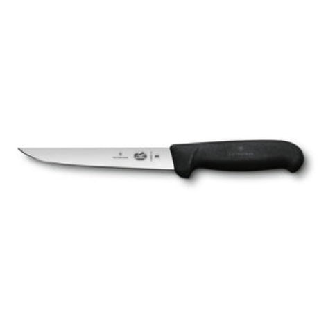 Victorinox Boning Knife featuring a 15 cm straight blade and ergonomic black Fibrox handle for precise, effortless cuts.