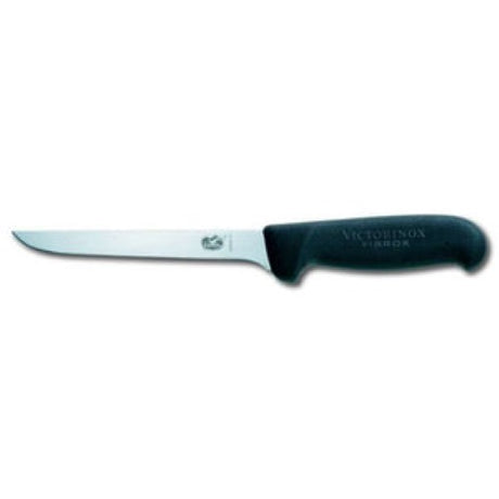 Victorinox 15 cm boning knife with straight stainless steel blade and ergonomic black handle for precision meat preparation.