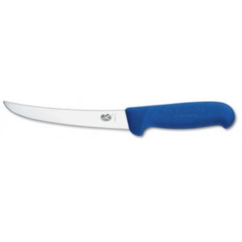 Victorinox Boning Knife with 15 cm curved blade and blue Fibrox handle for precise meat preparation and comfortable grip.