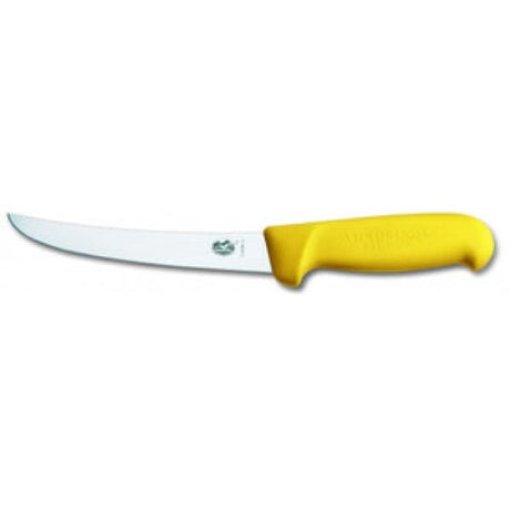 Victorinox 5.6508 boning knife with a 15 cm curved blade and ergonomic yellow handle for effortless meat separation.