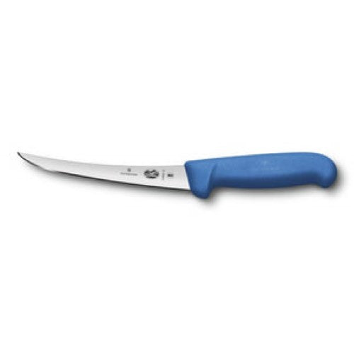 Victorinox boning knife with a 15 cm curved blade and ergonomic blue handle for precision boning and filleting.