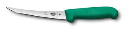 Victorinox boning knife with 15 cm curved blade and green non-slip handle, ideal for precision meat preparation.