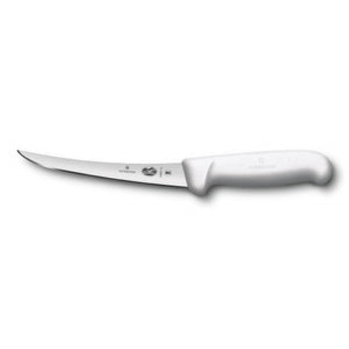 Victorinox boning knife with a 5.66 cm curved blade and white ergonomic handle for precise meat preparation.