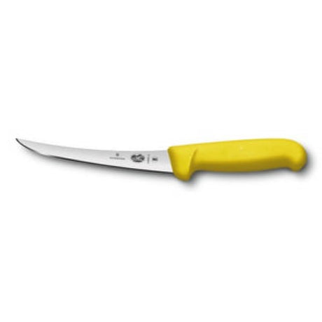 Victorinox boning knife with a 5.6608 cm curved blade and ergonomic yellow handle for precise meat preparation.