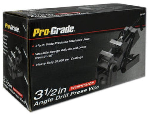 Drill Press Vice Adjustable Angle Pro-Grade #59121, featuring 90mm throat depth and durable hardened steel jaws for precision tasks.