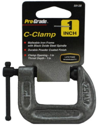 Pro-Grade G Clamp #59128 in malleable iron with black oxide spindle, perfect for woodworking and small clamping tasks.