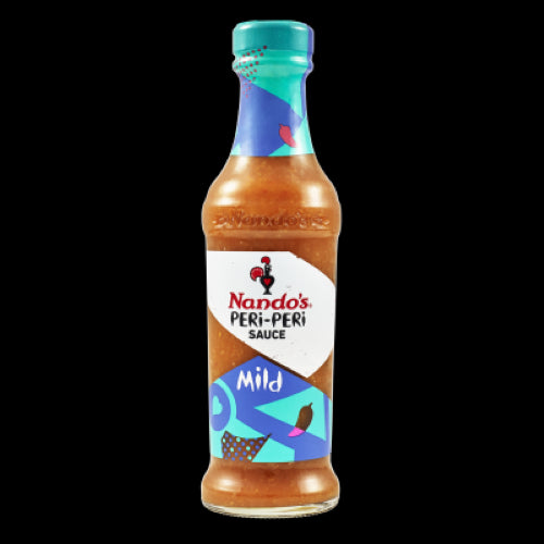 Nando's Mild Peri-Peri Sauce in a 250g bottle offers a flavorful blend of spices, garlic, and lemon for milder culinary delights.