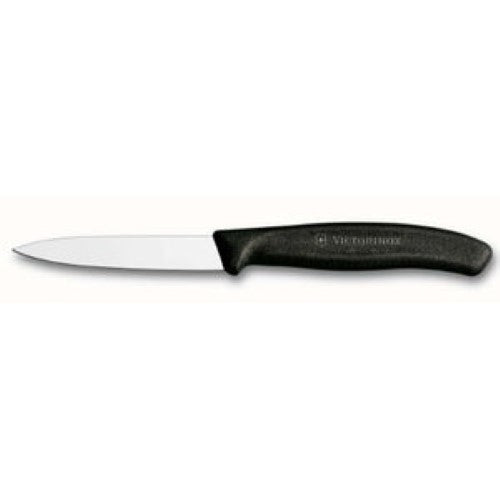 Victorinox 8cm paring knife with black handle, ultra-sharp blade for precise cutting and easy handling in the kitchen.