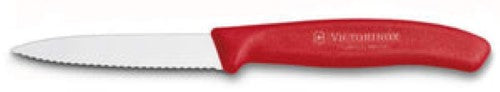 Victorinox 8cm paring knife with wavy blade and ergonomic red handle, ideal for versatile kitchen tasks.