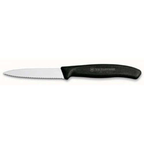 Victorinox paring knife with 8cm wavy blade and ergonomic black handle, ideal for precise slicing and food preparation.