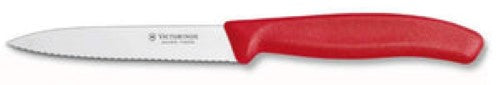 10cm wavy blade vegetable knife with vibrant red ergonomic handle; ideal for slicing, dicing, and precision cutting.