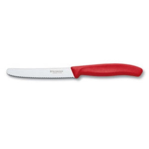 Victorinox Tomato & Sausage Knife with a 11cm wavy blade and red ergonomic handle, ideal for effortless slicing of fruits and vegetables.