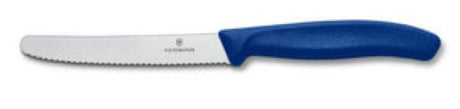 Victorinox Tomato & Sausage Knife with 11cm wavy blade and stylish blue ergonomic handle, perfect for slicing fruits and vegetables.