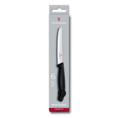 Victorinox 6-piece steak knife set with 11cm wavy blades and ergonomic handles, perfect for effortless dining.