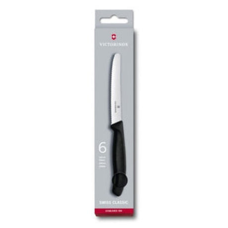Victorinox 6-piece steak knife set with 11cm wavy blades and ergonomic handles, perfect for effortless dining.