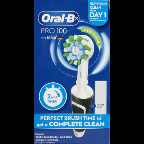 Oral-B Pro 100 electric toothbrush with CrossAction bristles, waterproof handle, charging station, and travel case.