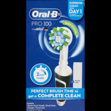 Oral-B Pro 100 CrossAction Electric Toothbrush with a waterproof handle, charging station, and effective plaque removal.