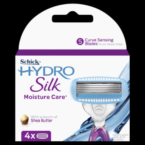 Schick Hydro Silk blades, 5 Curve-Sensing blades for a close shave, with moisturizing serum and Skin Guards for comfort.