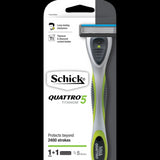 Schick Quattro Titanium 5 Razor with 5 titanium blades, lubricating strip, and ergonomic handle for a smooth, precise shave.