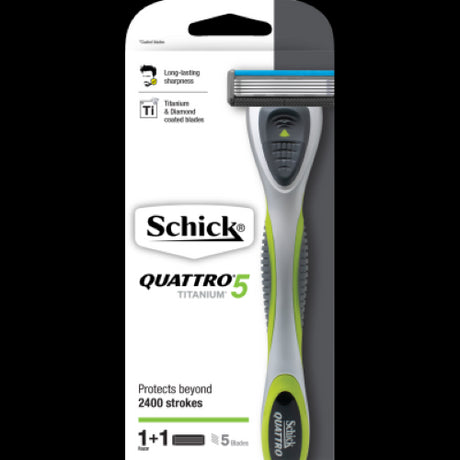Schick Quattro Titanium 5 Razor with 5 titanium blades, lubricating strip, and ergonomic handle for a smooth, precise shave.