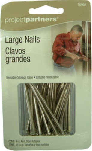 Assorted bright steel nails in various large sizes, perfect for DIY projects and home repairs, stored in a reusable case.