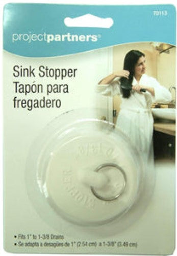 Small white rubber plug for sinks, fits 25-35mm outlets, includes stainless steel ring for easy attachment and use.