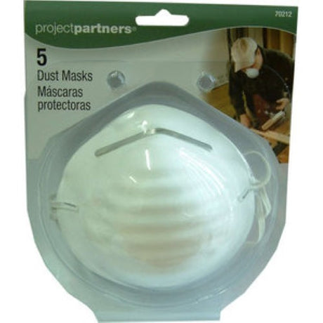 Economical 5-pack dust masks with mouldable nosepiece, filtering dust and pollen for comfort and safety during DIY tasks.