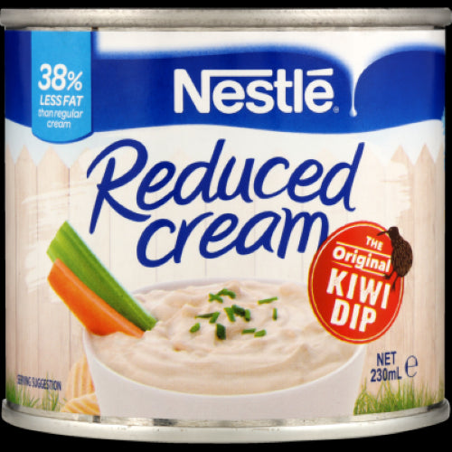 Creamy Nestle Reduced Cream Can (230g) with 38% less fat, perfect for desserts, soups, and sauces, shelf-stable for pantry use.