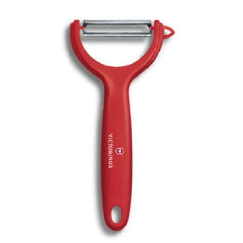 Red Victorinox Tomato & Kiwifruit Peeler features a serrated edge and ergonomic handle for effortless peeling of fruits.