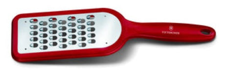 Ergonomic red paddle grater by Victorinox, perfect for grating vegetables, fruits, and chocolate, with slip-resistant feet for safety.