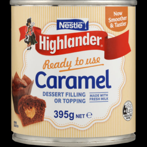 Nestle Highlander Caramel Filling Can 395g, a creamy, two-ingredient caramel perfect for desserts and toppings.