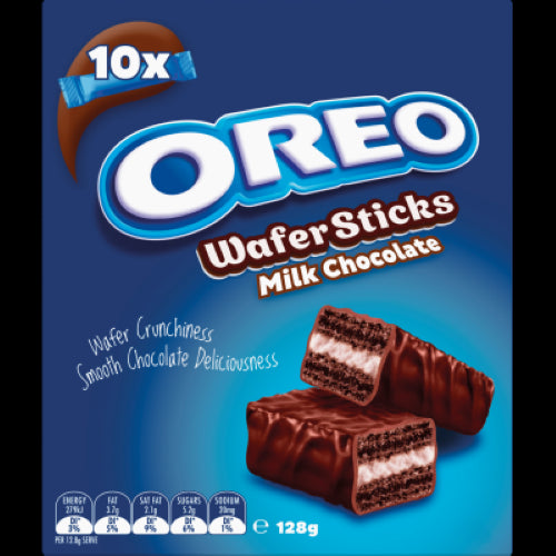 Oreo Milk Chocolate Wafer Sticks: crispy wafers filled with vanilla cream, coated in milk chocolate; perfect for snacking and sharing.