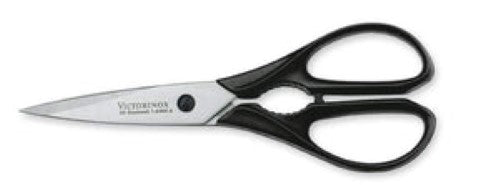 Multipurpose black-handled kitchen shears with micro-serrated stainless steel blades, ideal for versatile cutting tasks.