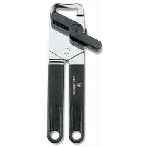 Black Victorinox Universal Can Opener 7.6857.3 with ergonomic handle, stainless steel blade, for effortless can and bottle opening.