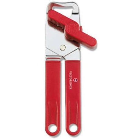 Red Victorinox Universal Can Opener 7.6857, Swiss-made, features ergonomic grip and dual can/bottle opener functionality.