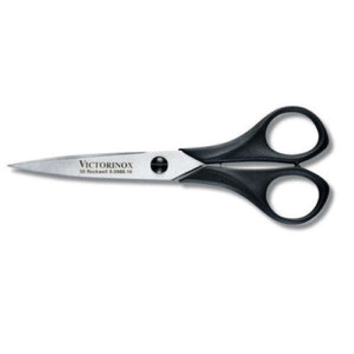 Stainless steel Victorinox household scissors with ergonomic black handles, angled blades for precise cutting.