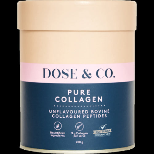 Dose & Co Unflavoured Pure Collagen Peptides 200g, a beauty formula for hydrated skin, strong nails, and vibrant hair.