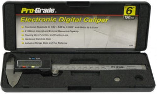 Digital caliper 150mm with precise metric and imperial measurements, stainless steel, and protective case included.