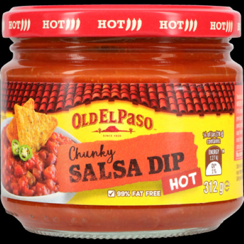 Old El Paso Hot Chunky Salsa Dip in a 312g jar, featuring vibrant tomatoes and jalapeños for a zesty, guilt-free flavor.