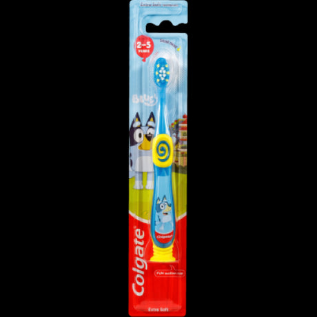 Extra soft Bluey toothbrush for kids aged 2-5, featuring a small head, comfy grip, and fun suction cup for easy storage.